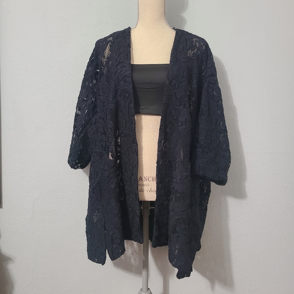 Zara Thick Black Lace Open Front Kimono Style JacketSize Medium